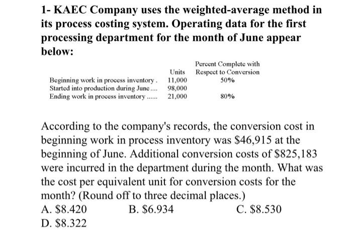 1- KAEC Company uses the weighted average method inits process costing system. Operating data for the firstprocessing depar