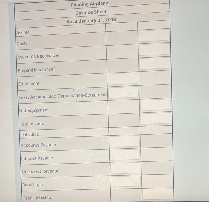 Floating Airplanes Balance Sheet As at January 31, 2019 Assets Cash Accounts Receivable Prepaid Insurance Equipment Less: Acc