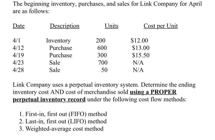 The beginning inventory, purchases, and sales for Link Company for Aprilare as follows:DateDescriptionUnitsCost per Unit