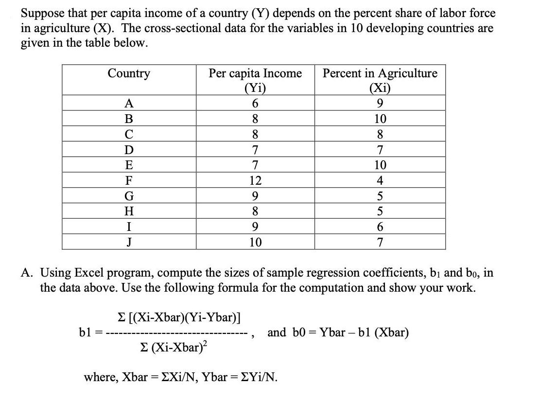 Suppose that per capita income of a country (Y) depends on the percent share of labor force in agriculture