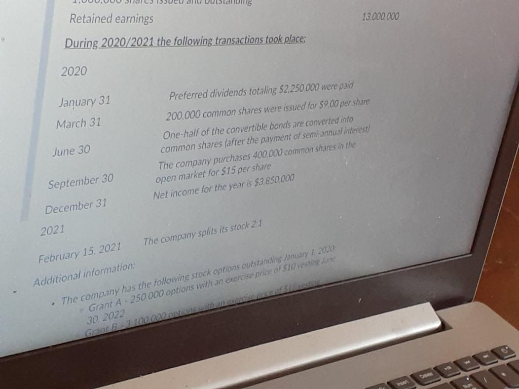 MomsRetained earnings13.000.000During 2020/2021 the following transactions took place:2020January 31March 31June 30Pr