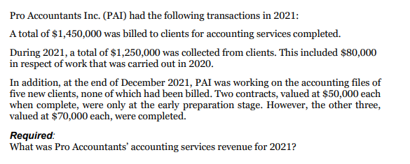 Pro Accountants Inc. (PAI) had the following transactions in 2021:A total of $1,450,000 was billed to clients for accounting