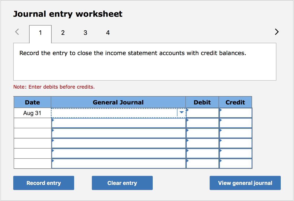 Journal entry worksheet 1 2 Date Aug 31 3 Record the entry to close the income statement accounts with credit
