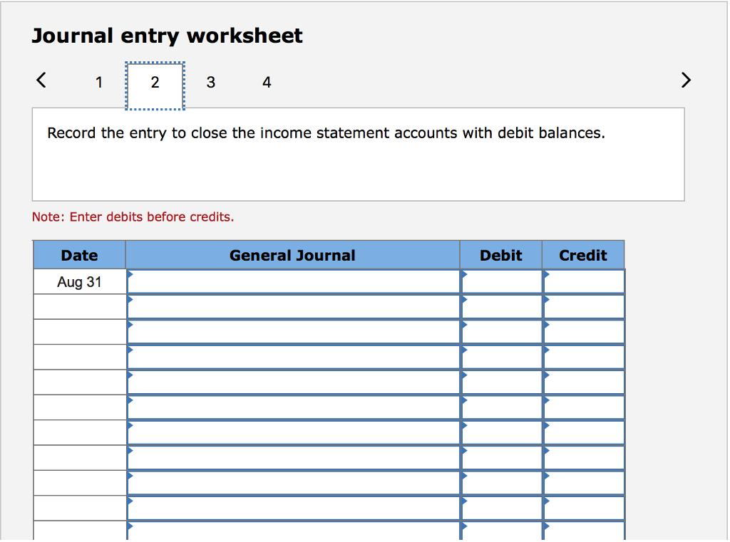Journal entry worksheet < 1 2 3 Record the entry to close the income statement accounts with debit balances.