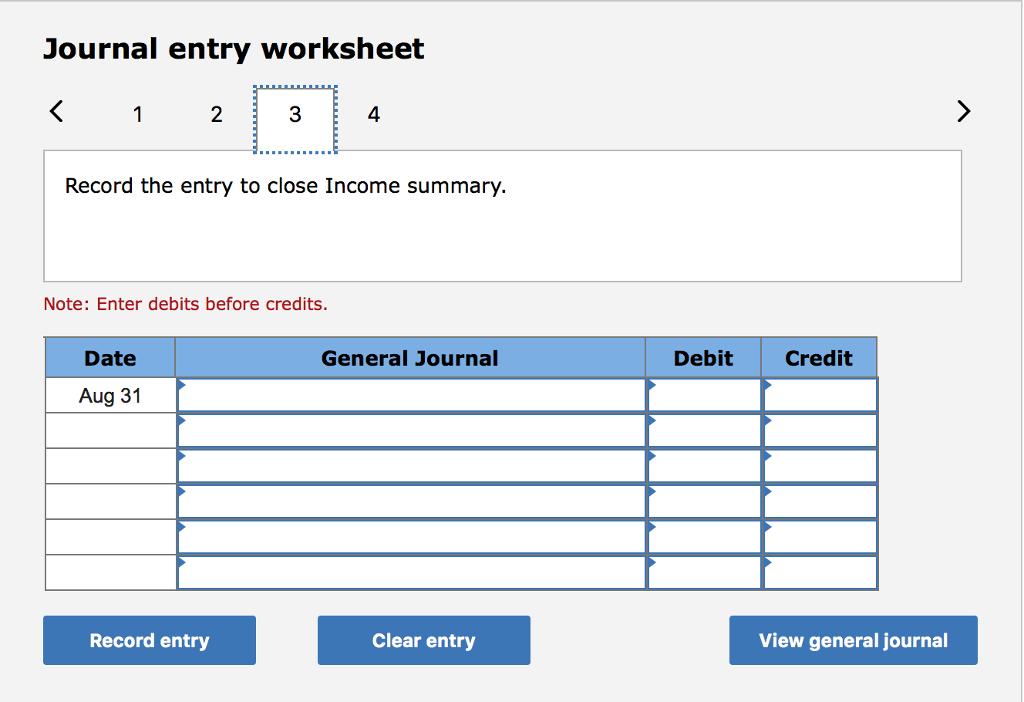 Journal entry worksheet < 1 2 3 Record the entry to close Income summary. Note: Enter debits before credits.