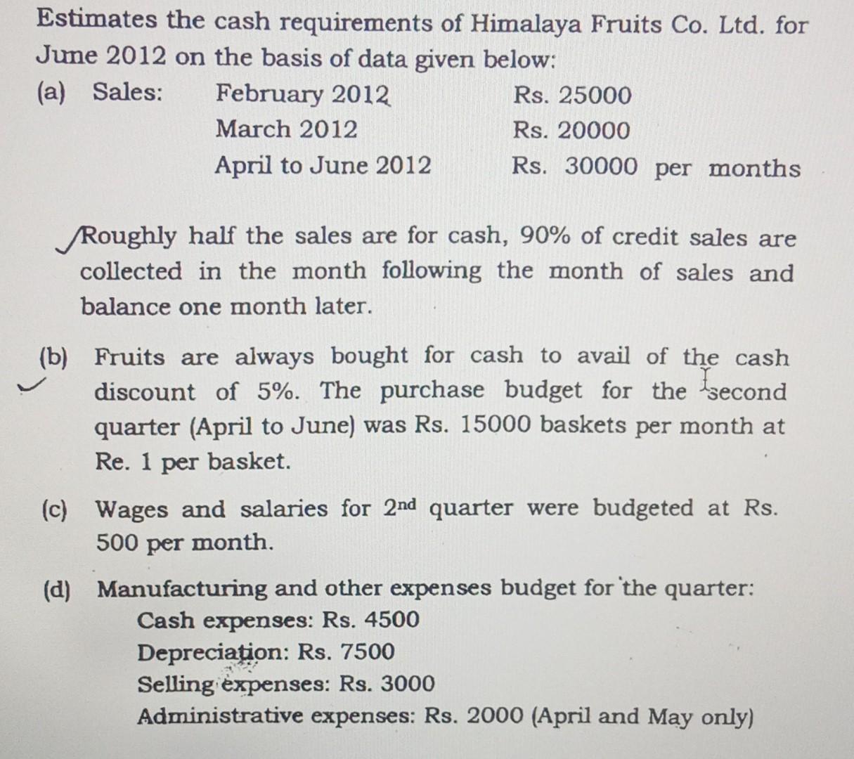 Estimates the cash requirements of Himalaya Fruits Co. Ltd. forJume 2012 on the basis of data given below:(a) Sales: Februa