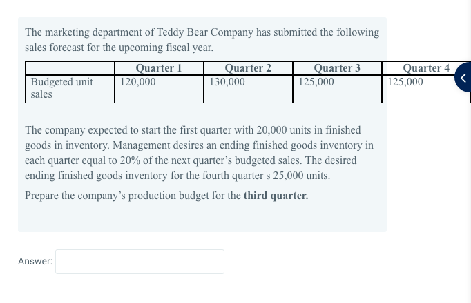 The marketing department of Teddy Bear Company has submitted the followingsales forecast for the upcoming fiscal year.Quart