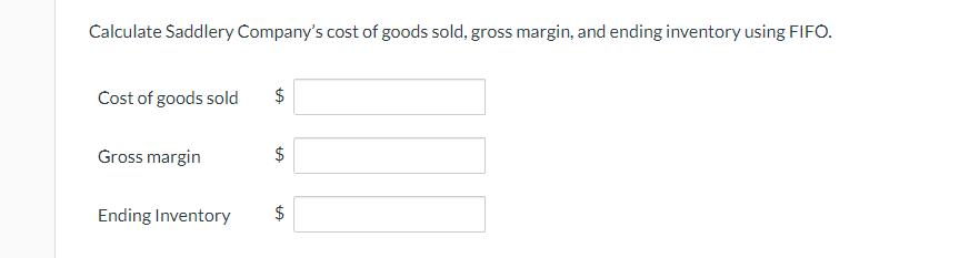 Calculate Saddlery Companys cost of goods sold, gross margin, and ending inventory using FIFO.Cost of goods sold$Gross ma