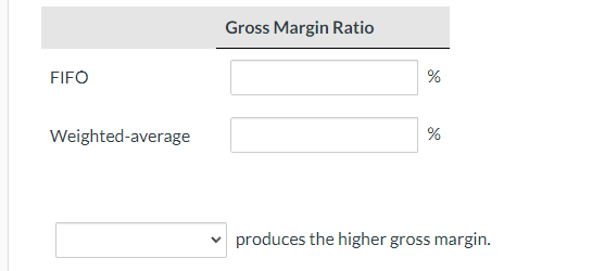 Gross Margin RatioFIFO%Weighted average%produces the higher gross margin.