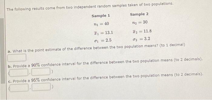 The following results come from two independent random samples taken of two populations.Sample 1Sample 2721 = 4012 = 30i