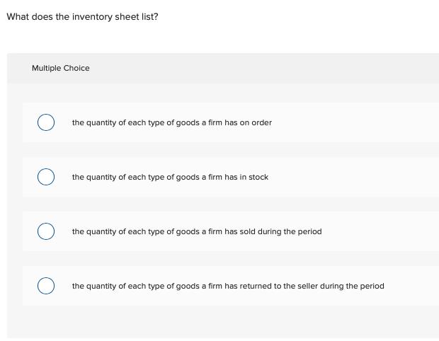What does the inventory sheet list?Multiple Choicethe quantity of each type of goods a firm has on orderthe quantity of ea