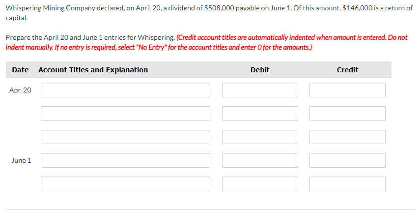 Whispering Mining Company declared, on April 20, a dividend of $508,000 payable on June 1. Of this amount, $146,000 is a retu