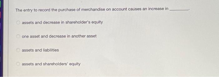The entry to record the purchase of merchandise on account causes an increase inassets and decrease in shareholders equity