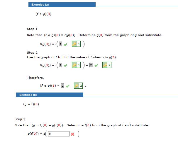 Exercise (a)(fog)(3)Step 1Note that (fog)(3) = f(g(3)). Determine g(3) from the graph of g and substitute.f(g(3)) = 61 1)