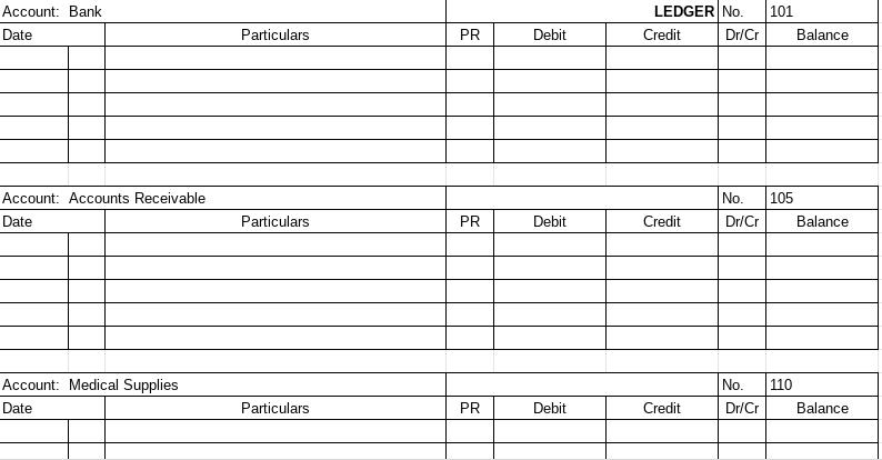 Account: BankDateLEDGER No.CreditDr/Cr101BalanceParticularsPRDebit105Account: Accounts ReceivableDateNo.Dr/CrP