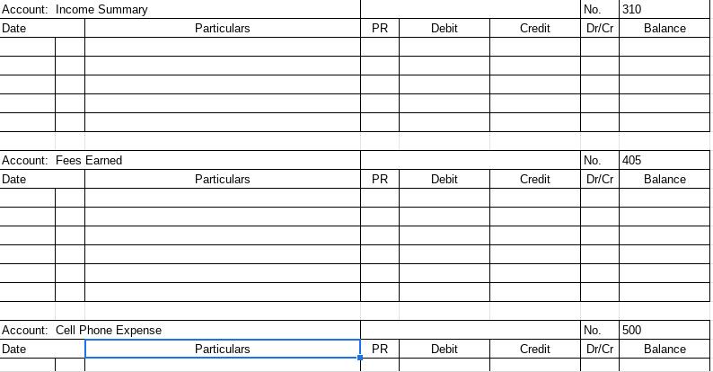 310Account: Income SummaryDateNo.Dr/CrParticularsPRDebitCreditBalance405Account: Fees EarnedDateNo.Dr/CrPartic