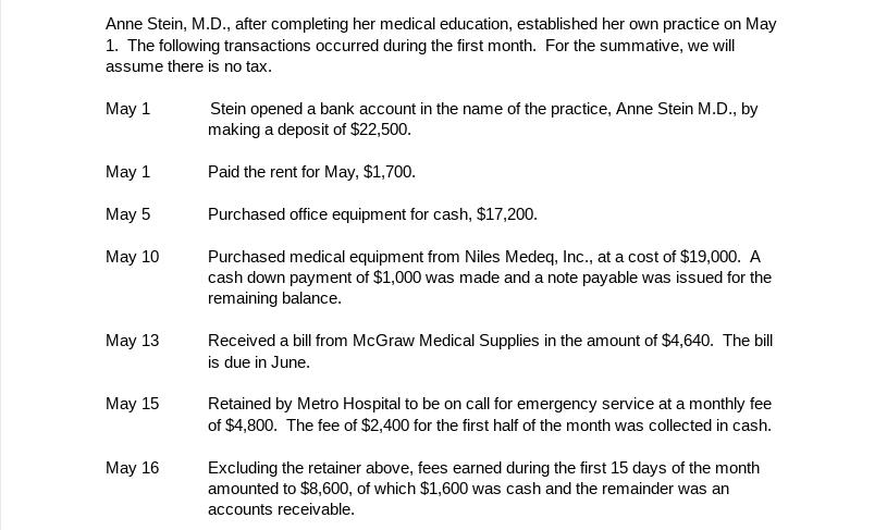 Anne Stein, M.D., after completing her medical education, established her own practice on May1. The following transactions o