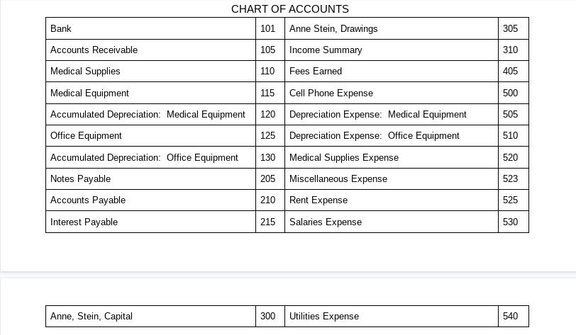 305310405500CHART OF ACCOUNTSBank101 Anne Stein, DrawingsAccounts Receivable105 Income SummaryMedical Supplies110 F