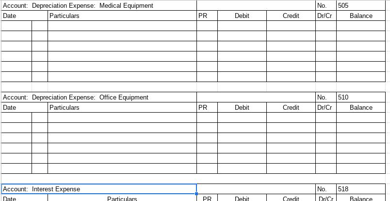 Account: Depreciation Expense: Medical EquipmentDateParticularsNo.Dr/Cr505BalancePRDebitCreditAccount: Depreciation