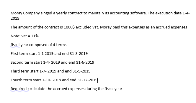 Moray Company singed a yearly contract to maintain its accounting software. The execution date 1-4-2019The amount of the co