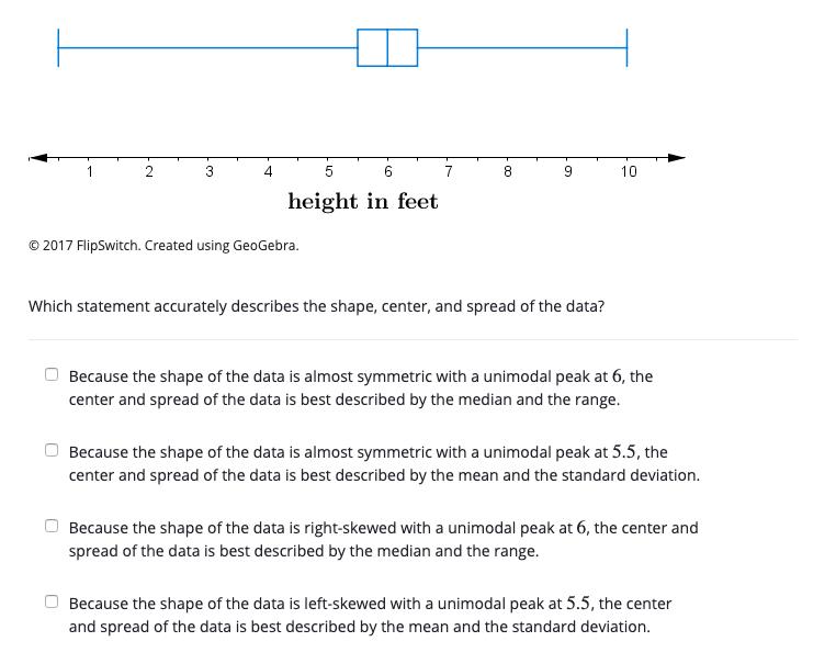 410height in feetO 2017 FlipSwitch. Created using GeoGebra.Which statement accurately describes the shape, center, and sp