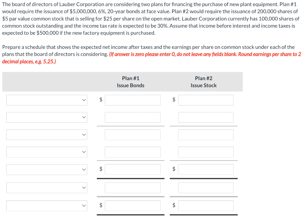 The board of directors of Lauber Corporation are considering two plans for financing the purchase of new plant equipment. Pla