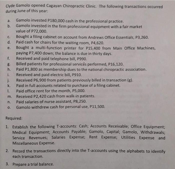C.e.Clyde Gamolo opened Cagayan Chiropractic Clinic. The following transactions occurredduring June of this year:a.Gamol