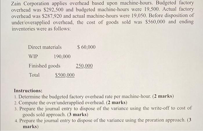 Zain Corporation applies overhead based upon machine-hours. Budgeted factoryoverhead was $292,500 and budgeted machine-hours