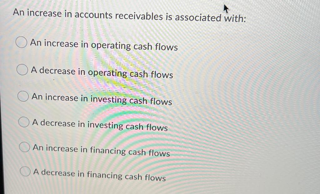 An increase in accounts receivables is associated with:An increase in operating cash flowsA decrease in operating cash flow
