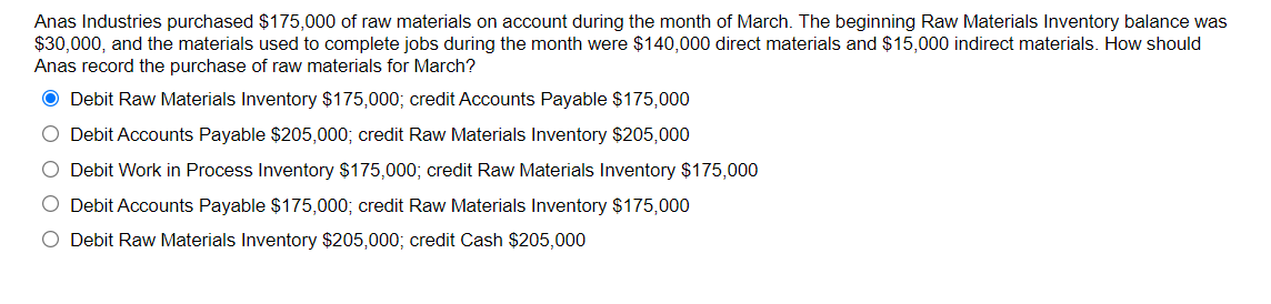 Anas Industries purchased $175,000 of raw materials on account during the month of March. The beginning Raw Materials Invento