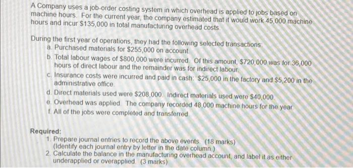 A Company uses a job-order costing system in which overhead is applied to jobs based onmachine hours. For the current year,