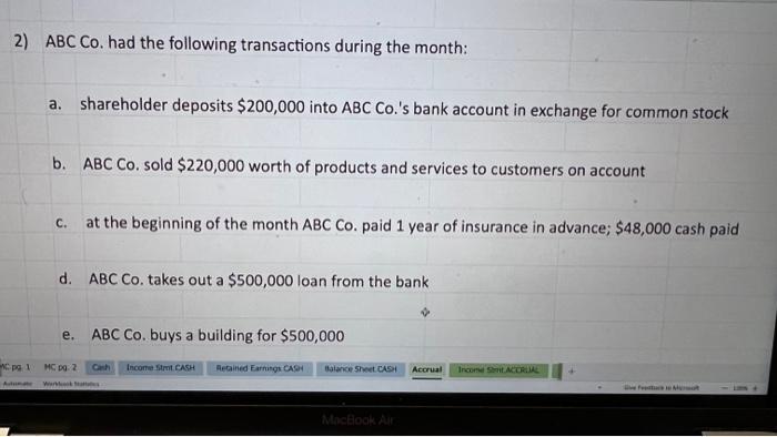 2) ABC Co. had the following transactions during the month:a.shareholder deposits $200,000 into ABC Co.s bank account in e