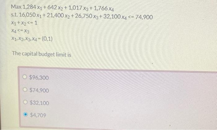 Max 1,284 x1 + 642 x2+ 1,017 x3 + 1,766 x4 s.t.