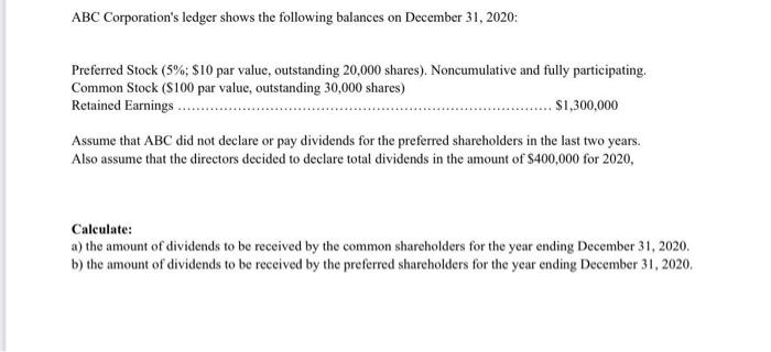 ABC Corporations ledger shows the following balances on December 31, 2020:Preferred Stock (5%; $10 par value, outstanding 2