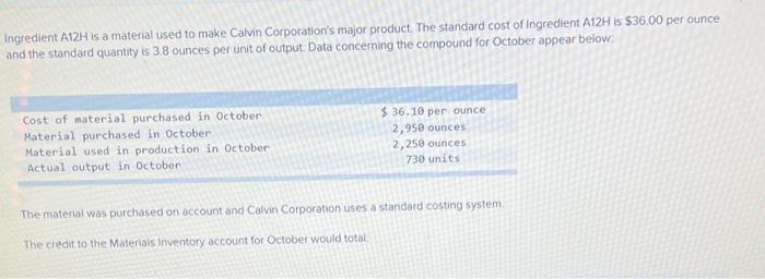 Ingredient A12H is a material used to make Calvin Corporations major product. The standard cost of ingredient A12H is $36.00