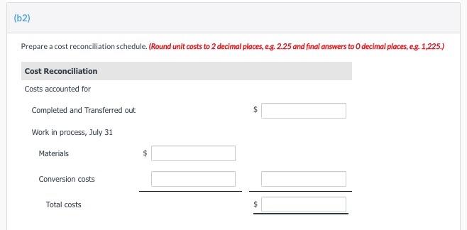 (b2)Prepare a cost reconciliation schedule. (Round unit costs to 2 decimal places, eg 2.25 and final answers to O decimal pl
