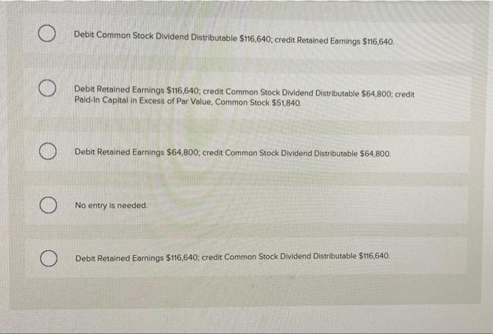 ODebit Common Stock Dividend Distributable $116,640, credit Retained Earnings $116,640.Debit Retained Earnings $116,640; cr