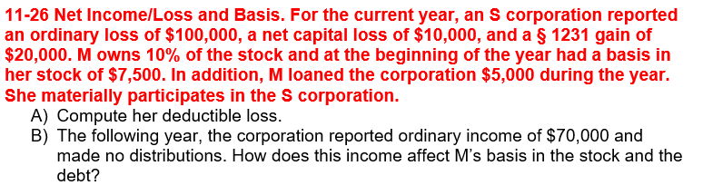 11-26 Net Income/Loss and Basis. For the current year, an s corporation reportedan ordinary loss of $100,000, a net capital