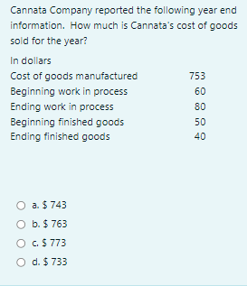 Cannata Company reported the following year endinformation. How much is Cannatas cost of goodssold for the year?In dollar