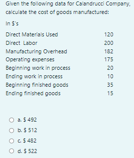 Given the following data for Calandrucci Company,calculate the cost of goods manufactured:In $sDirect Materials Used120