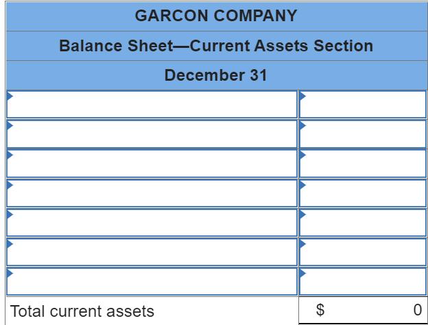 GARCON COMPANY Balance Sheet-Current Assets Section December 31 Total current assets $$ 0