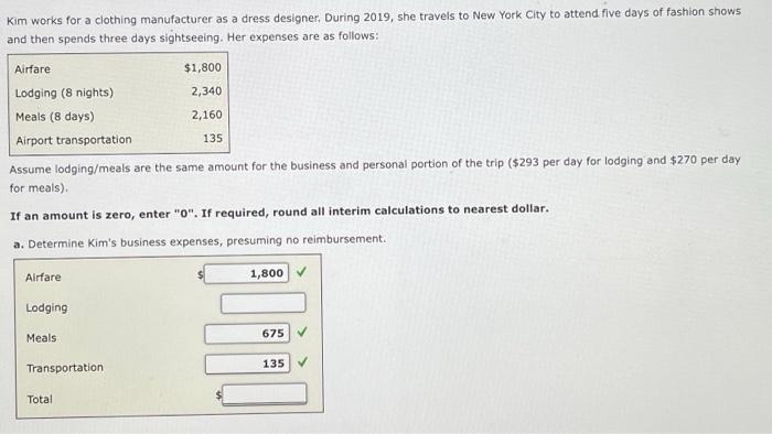 Kim works for a clothing manufacturer as a dress designer. During 2019, she travels to New York City to attend five days of f