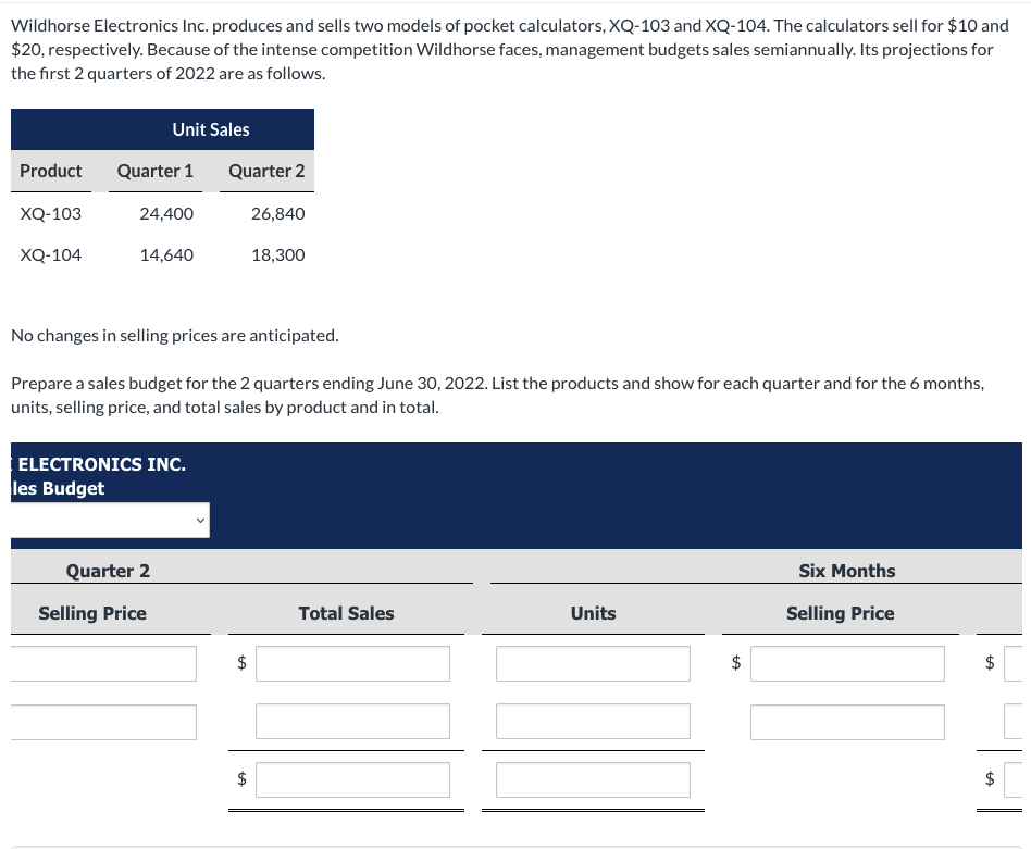 Wildhorse Electronics Inc. produces and sells two models of pocket calculators, XQ-103 and XQ-104. The calculators sell for $