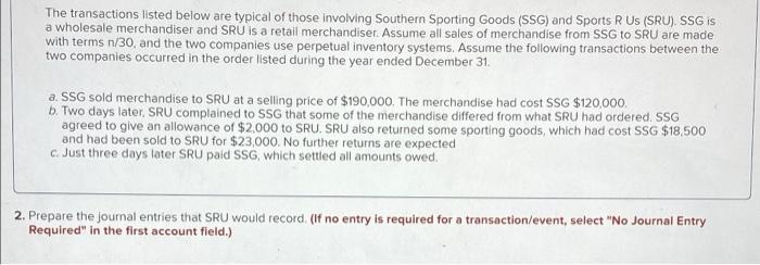 The transactions listed below are typical of those involving Southern Sporting Goods (SSG) and Sports R Us (SRU). SSG isa wh