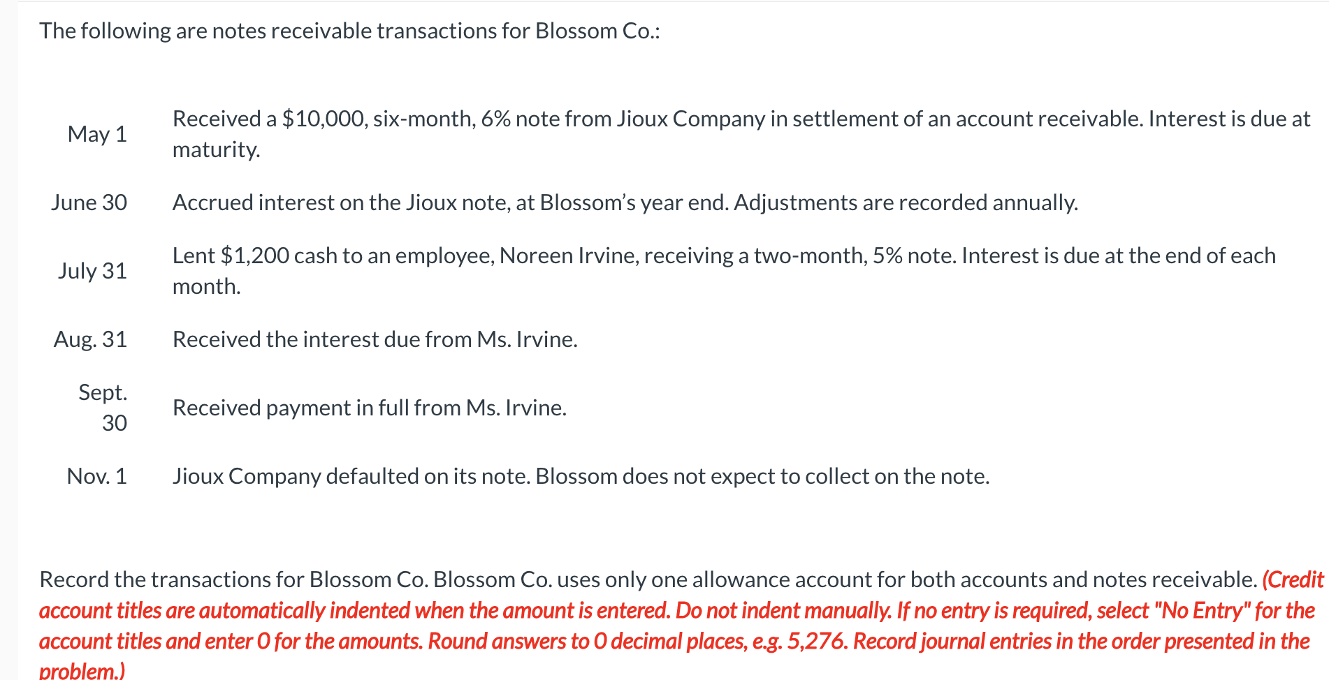 The following are notes receivable transactions for Blossom Co.:May 1Received a $10,000, six-month, 6% note from Jioux Comp