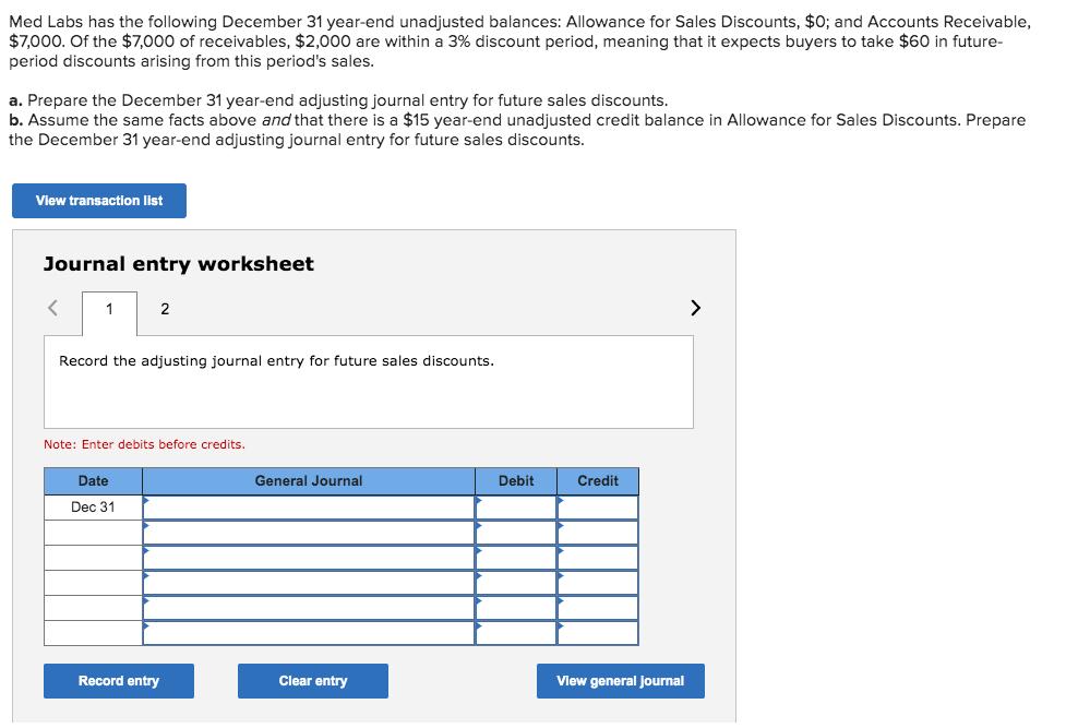 Med Labs has the following December 31 year-end unadjusted balances: Allowance for Sales Discounts, $0; and Accounts Receivab