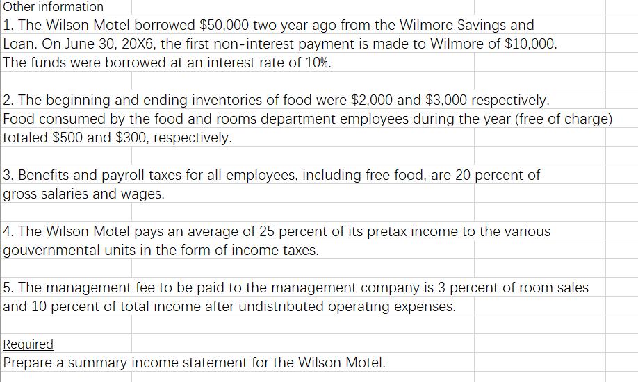 Other information 1. The Wilson Motel borrowed $50,000 two year ago from the Wilmore Savings and Loan. On June 30, 20X6, the