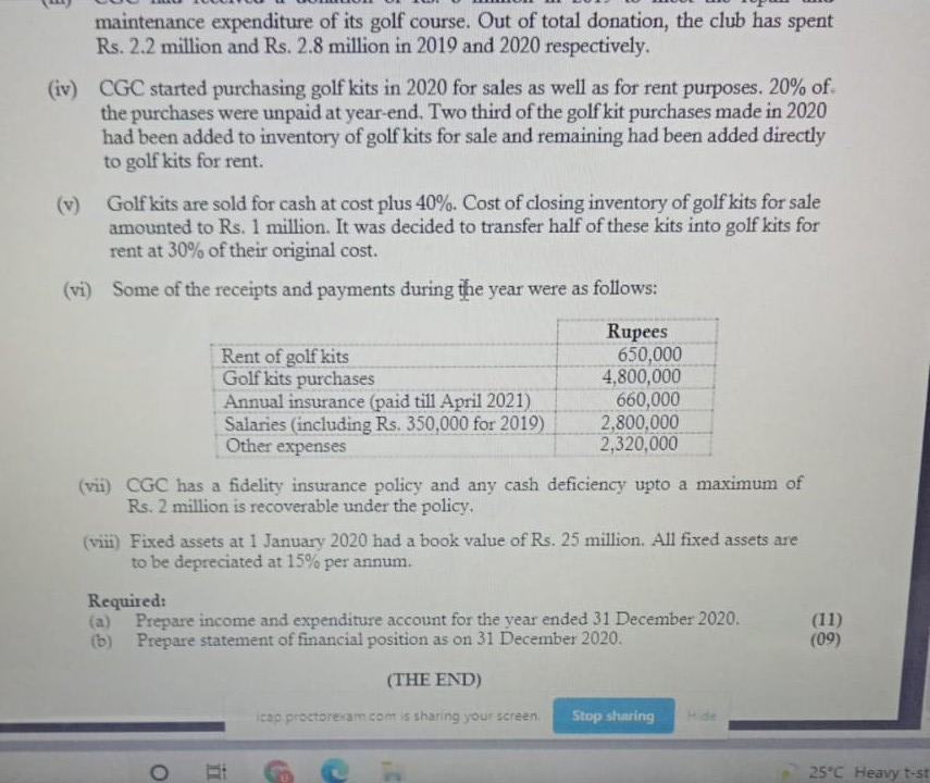 a)maintenance expenditure of its golf course. Out of total donation, the club has spentRs. 2.2 million and Rs. 2.8 million