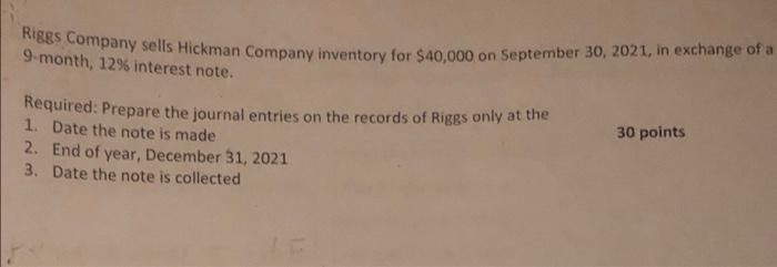 Riges Company sells Hickman Company inventory for $40,000 on September 30, 2021, in exchange of a9 month, 12% interest note.