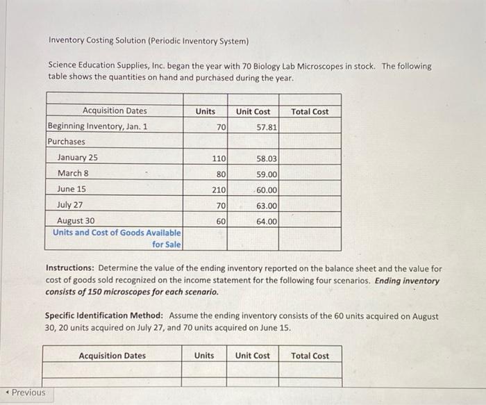 Inventory Costing Solution (Periodic Inventory System)Science Education Supplies, Inc. began the year with 70 Biology Lab Mi